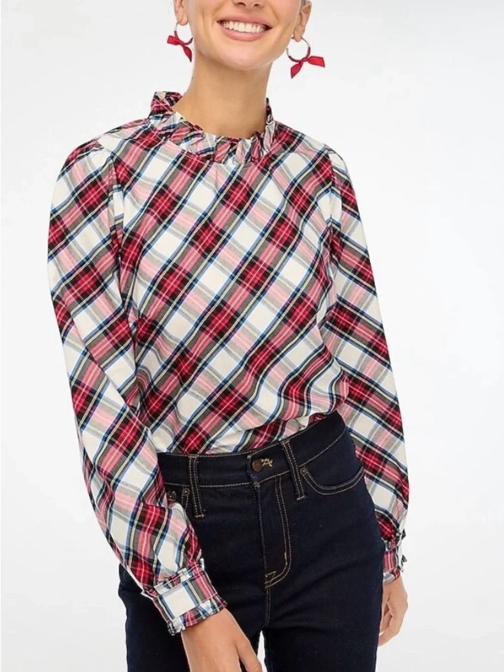 EUC J. Crew Red, Cream & Blue Tartan Plaid Ruffle-Neck Blouse